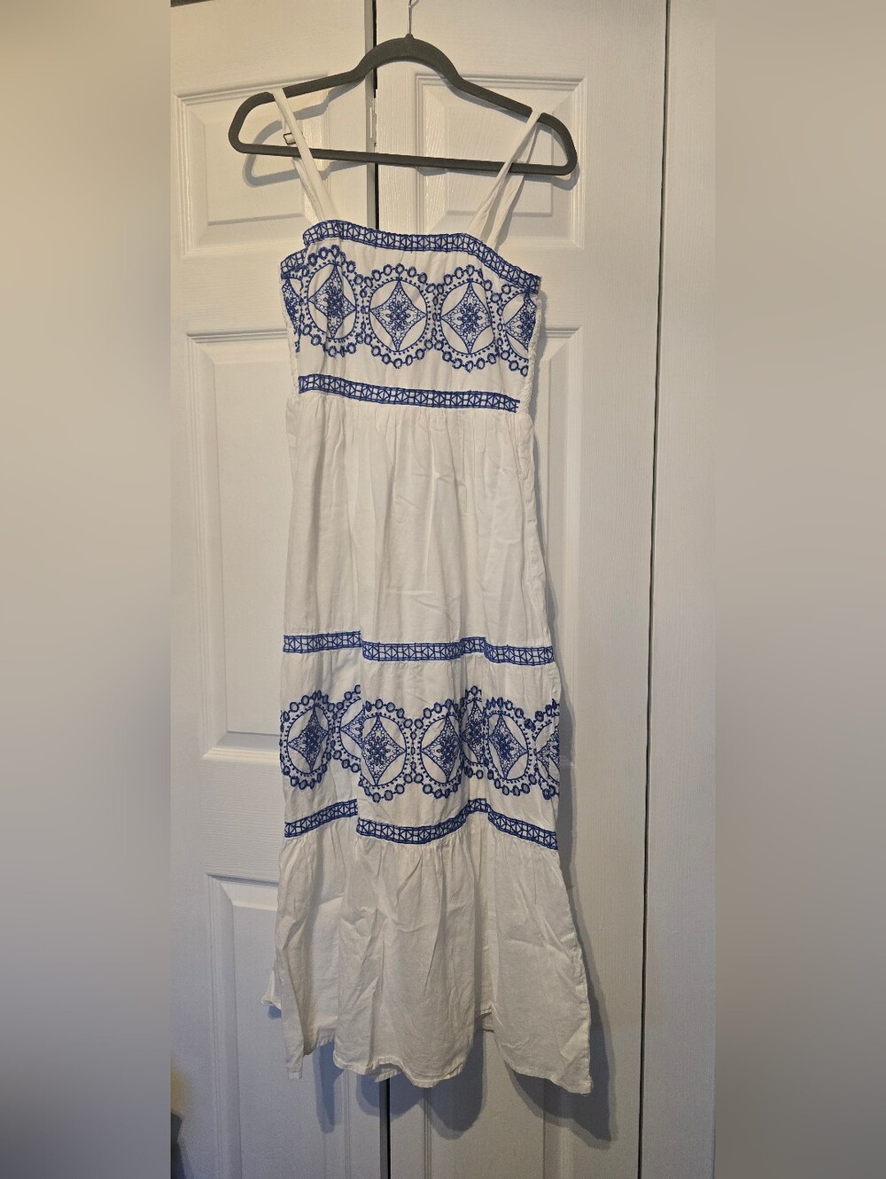 NAOO White Maxi Dress with Blue Embroidered Trim